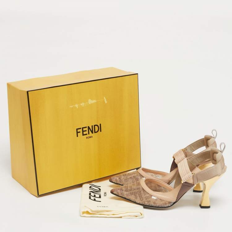 Pre Owned Fendi Brown/Beige Sequins and Canvas Colibri Slingback Pumps Size 40