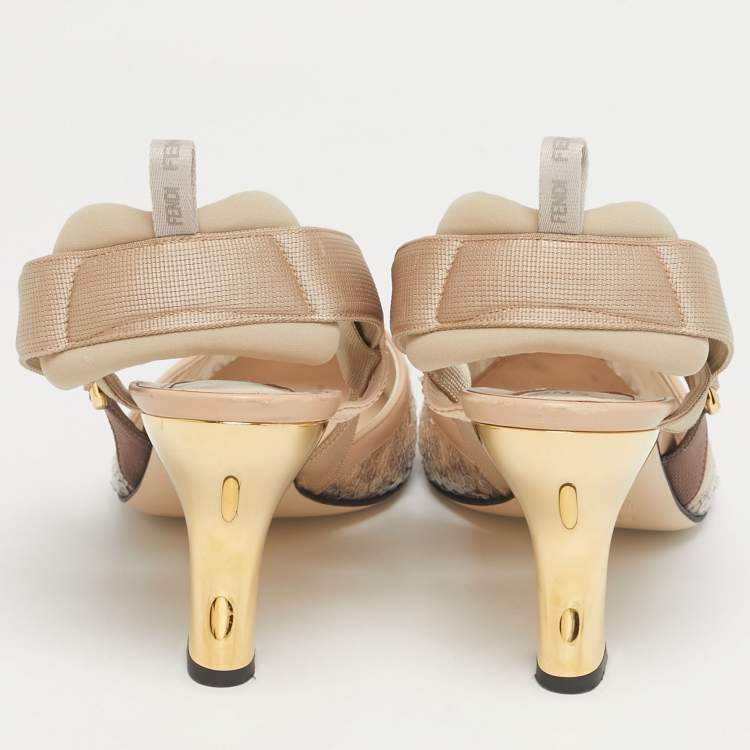 Pre Owned Fendi Brown/Beige Sequins and Canvas Colibri Slingback Pumps Size 40