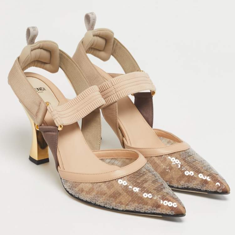 Pre Owned Fendi Brown/Beige Sequins and Canvas Colibri Slingback Pumps Size 40