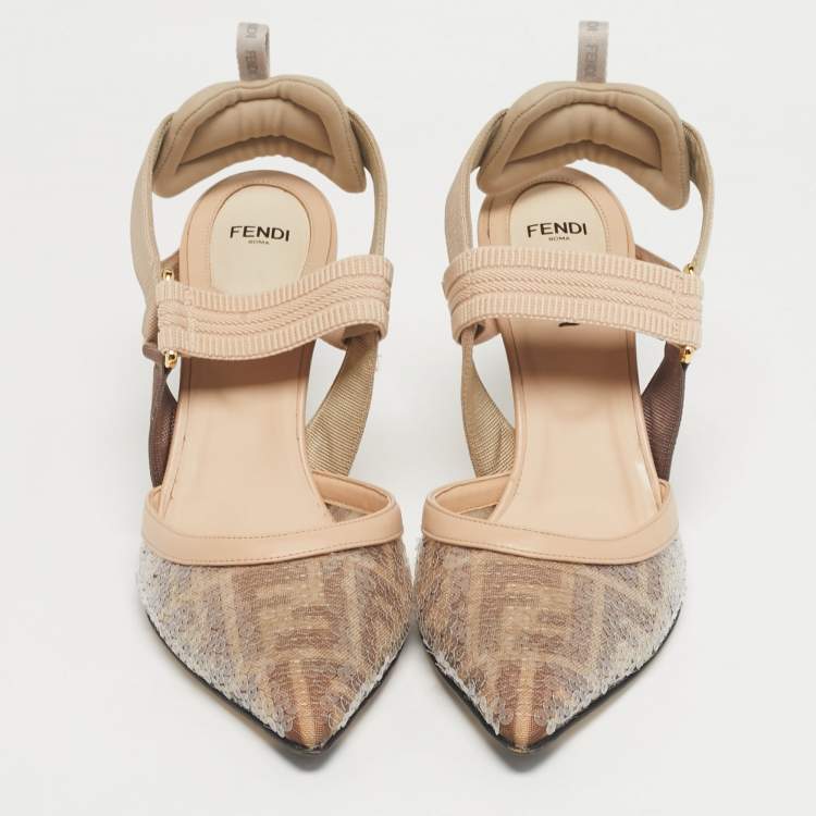 Pre Owned Fendi Brown/Beige Sequins and Canvas Colibri Slingback Pumps Size 40
