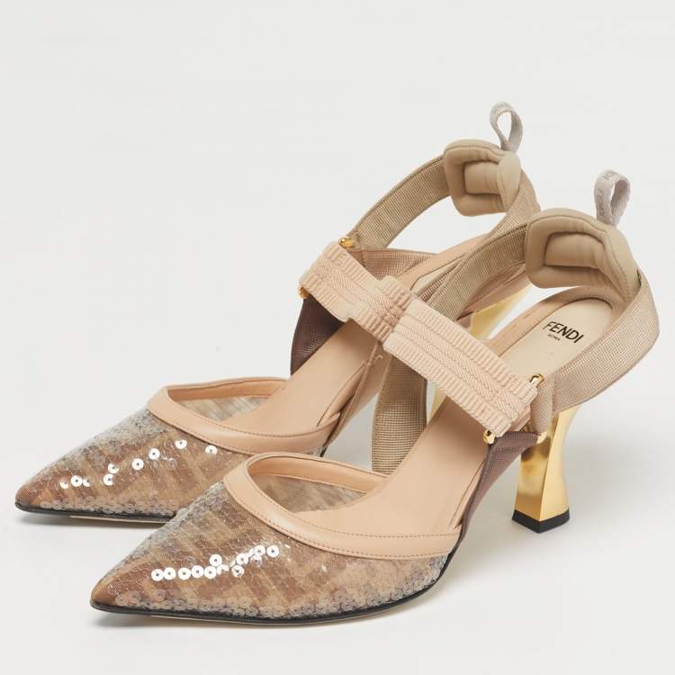 Pre Owned Fendi Brown/Beige Sequins and Canvas Colibri Slingback Pumps Size 40