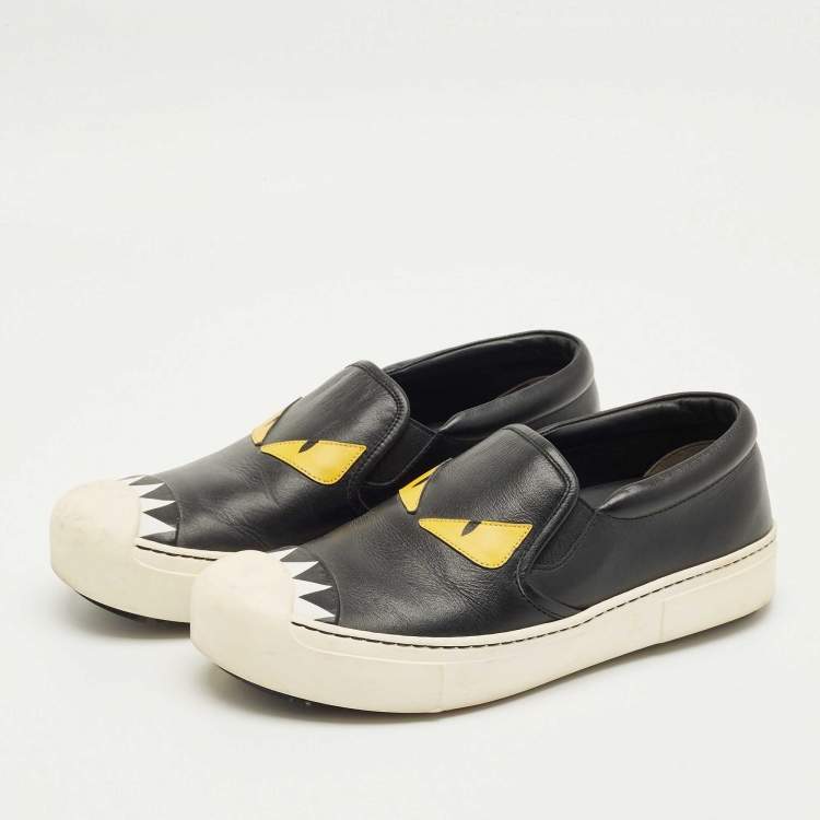 Pre Owned Fendi Black Leather Monster Slip On Sneakers Size 37