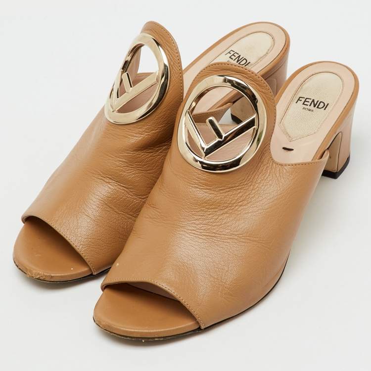 Pre Owned Fendi Beige Leather F Logo Open Toe Mules Size 37.5