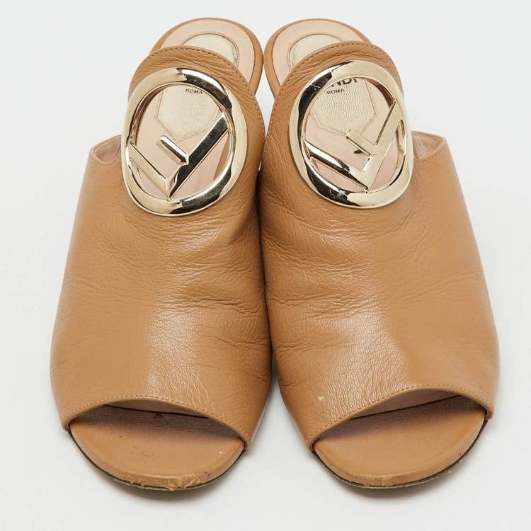 Pre Owned Fendi Beige Leather F Logo Open Toe Mules Size 37.5
