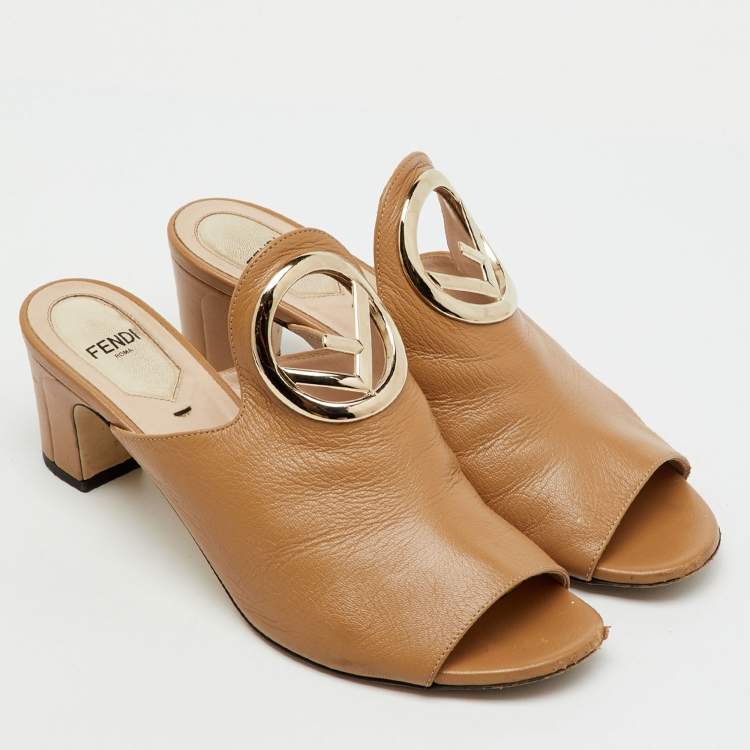 Pre Owned Fendi Beige Leather F Logo Open Toe Mules Size 37.5