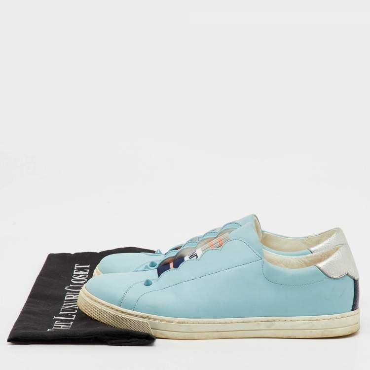Pre Owned Fendi Light Blue/Silver Leather Rockoko Slip On Sneakers Size 41