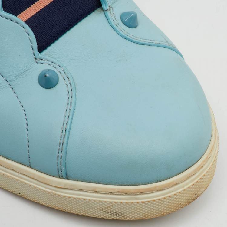 Pre Owned Fendi Light Blue/Silver Leather Rockoko Slip On Sneakers Size 41