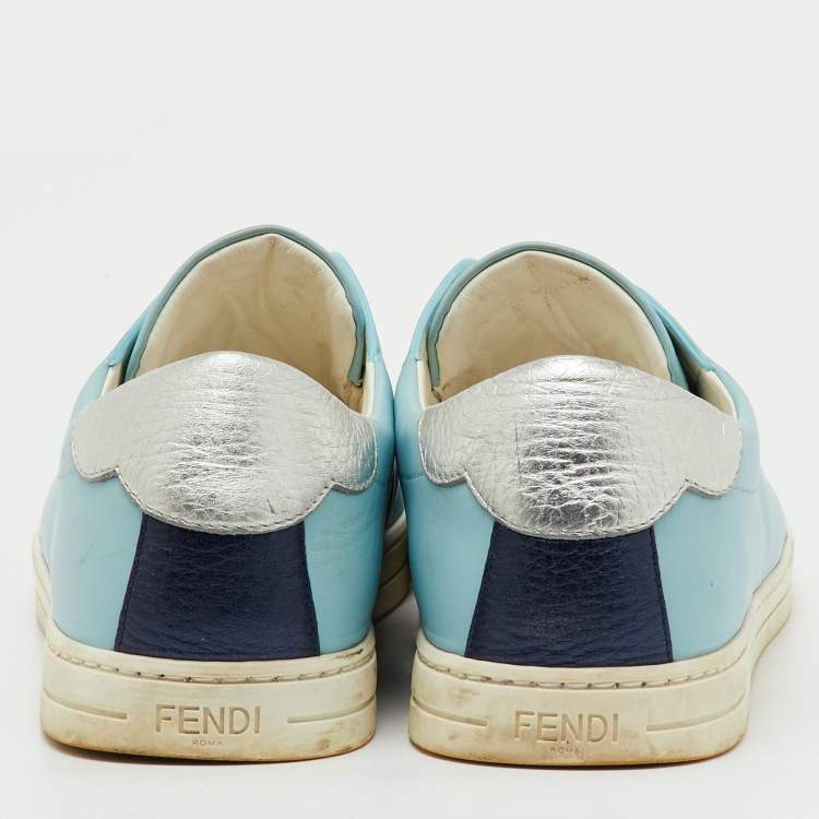 Pre Owned Fendi Light Blue/Silver Leather Rockoko Slip On Sneakers Size 41