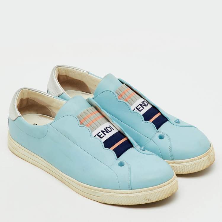 Pre Owned Fendi Light Blue/Silver Leather Rockoko Slip On Sneakers Size 41