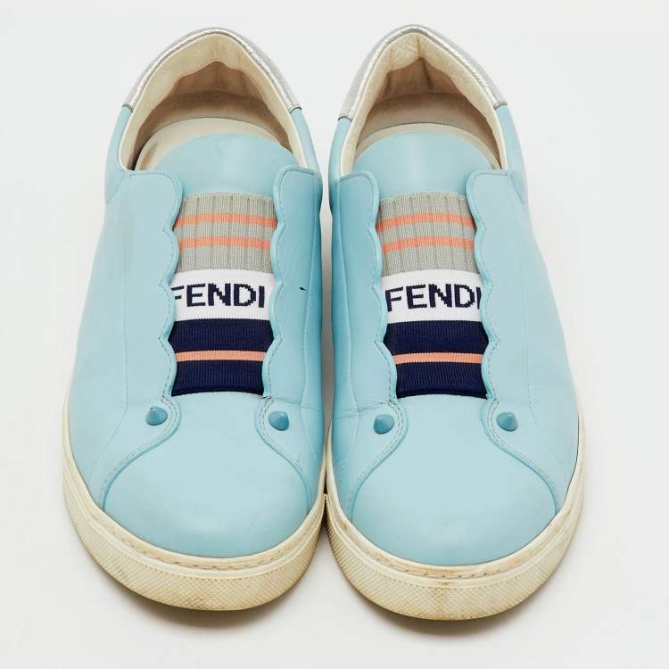 Pre Owned Fendi Light Blue/Silver Leather Rockoko Slip On Sneakers Size 41