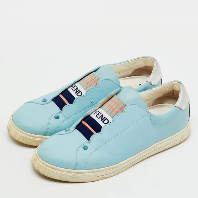 Pre Owned Fendi Light Blue/Silver Leather Rockoko Slip On Sneakers Size 41