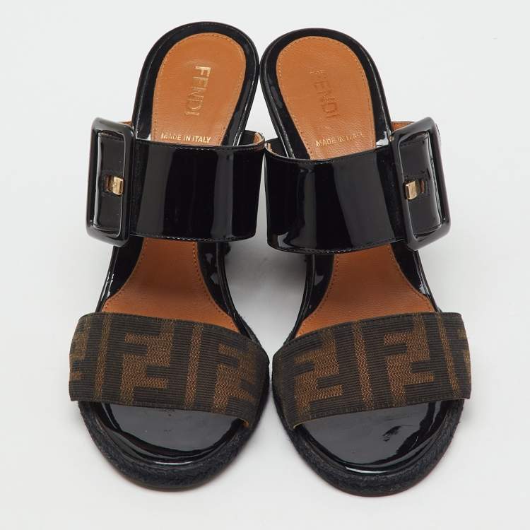 Pre Owned Fendi Black/Brown Patent Leather and Zucca Canvas Wedge Sandals Size 38
