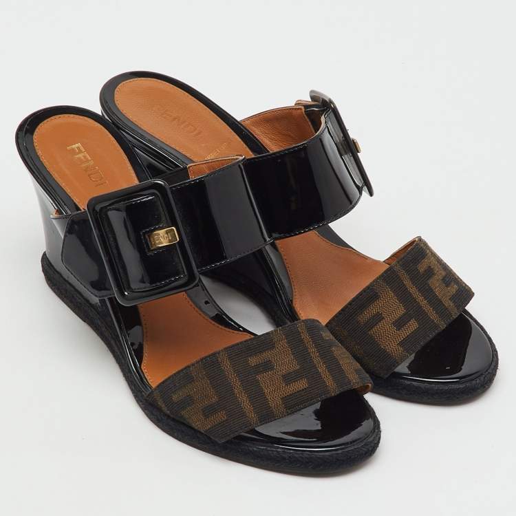 Pre Owned Fendi Black/Brown Patent Leather and Zucca Canvas Wedge Sandals Size 38