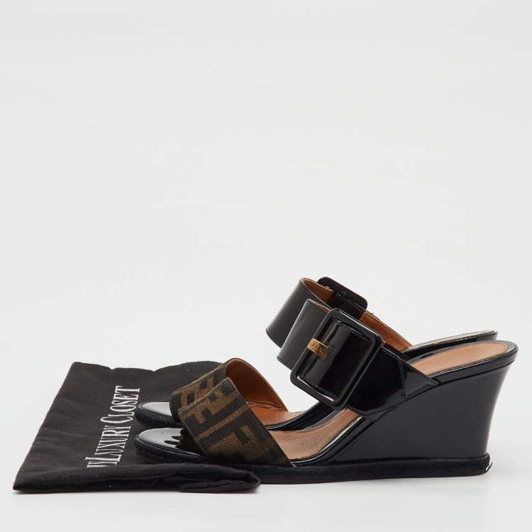 Pre Owned Fendi Black/Brown Patent Leather and Zucca Canvas Wedge Sandals Size 38