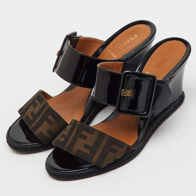 Pre Owned Fendi Black/Brown Patent Leather and Zucca Canvas Wedge Sandals Size 38