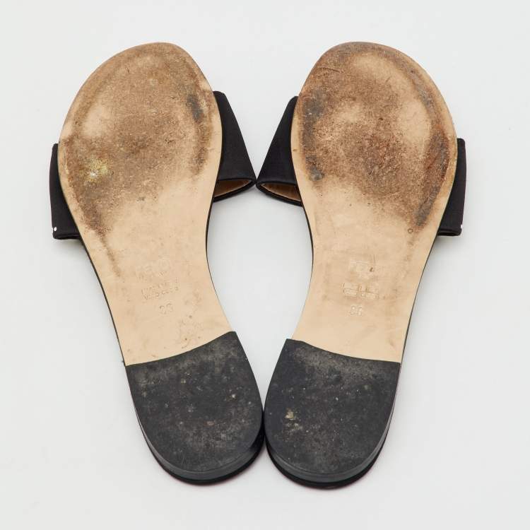 Pre Owned Fendi Black Satin Crystal Embellished Flat Slide Sandals Size 36