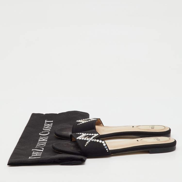 Pre Owned Fendi Black Satin Crystal Embellished Flat Slide Sandals Size 36