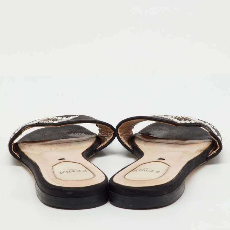 Pre Owned Fendi Black Satin Crystal Embellished Flat Slide Sandals Size 36