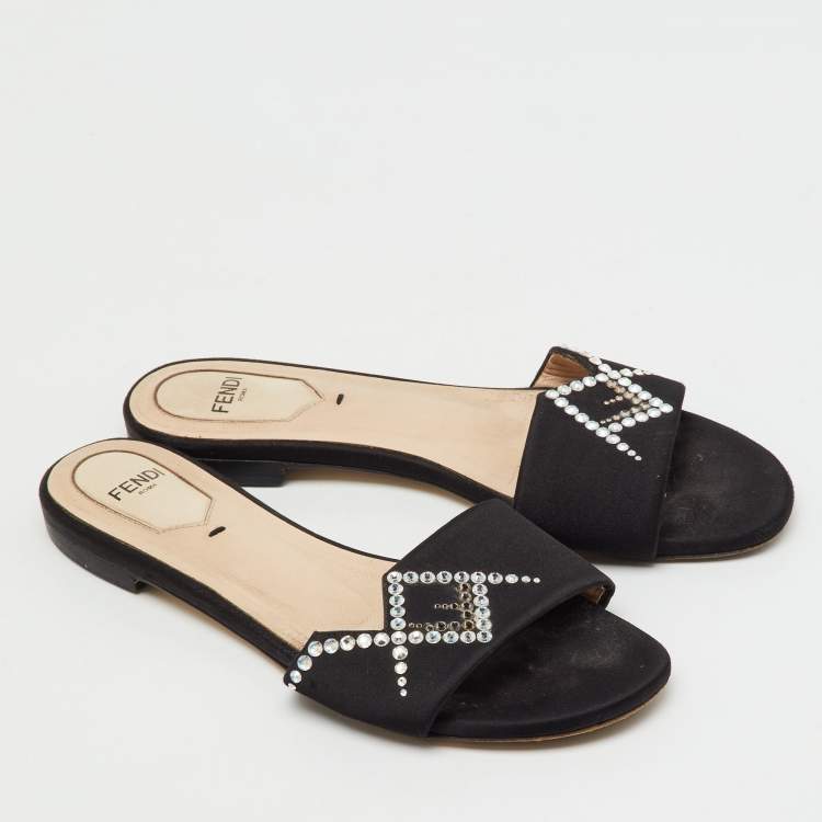 Pre Owned Fendi Black Satin Crystal Embellished Flat Slide Sandals Size 36