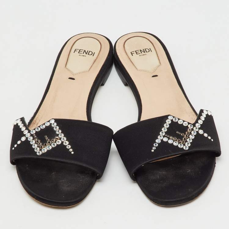 Pre Owned Fendi Black Satin Crystal Embellished Flat Slide Sandals Size 36