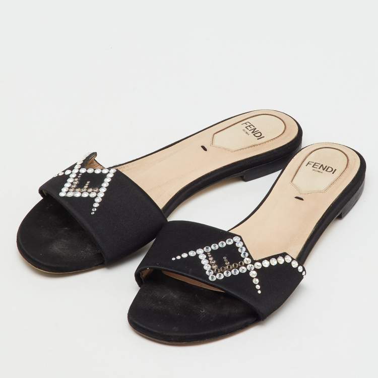 Pre Owned Fendi Black Satin Crystal Embellished Flat Slide Sandals Size 36