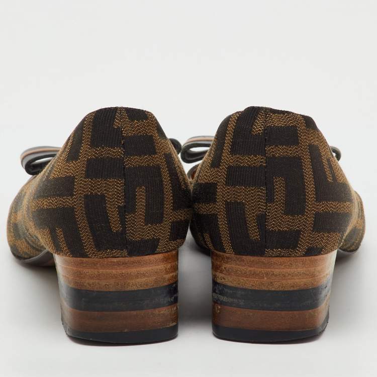Pre Owned Fendi Black/Brown Zucca Canvas and Patent Leather Bow Pumps Size 36