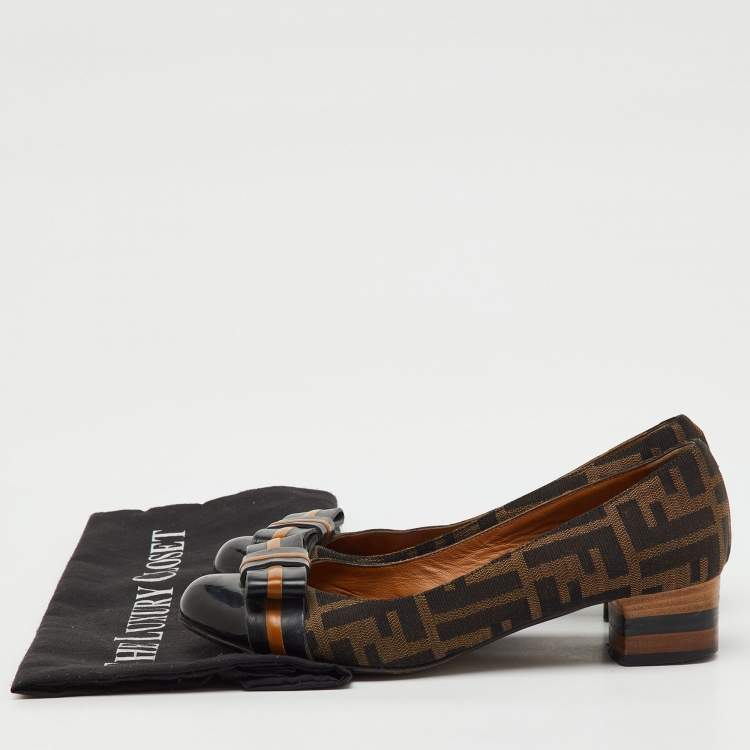 Pre Owned Fendi Black/Brown Zucca Canvas and Patent Leather Bow Pumps Size 36