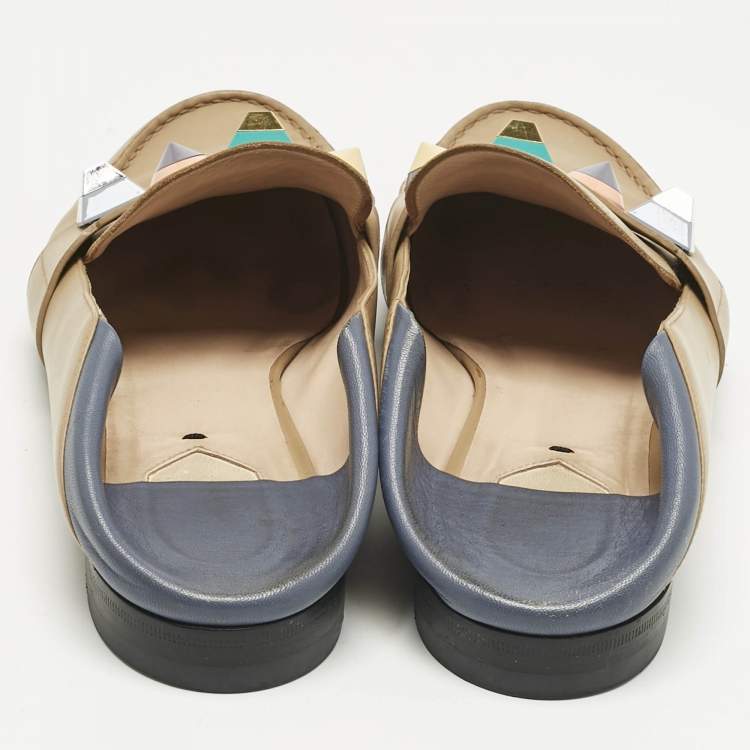 Pre Owned Fendi Brown/Blue Leather Studded Loafer Mules Size 40