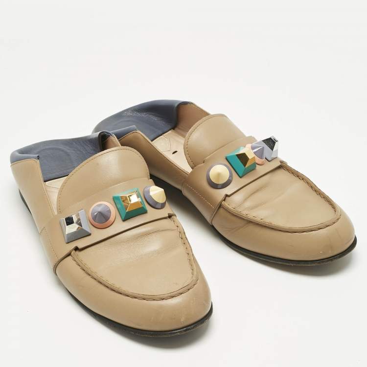 Pre Owned Fendi Brown/Blue Leather Studded Loafer Mules Size 40