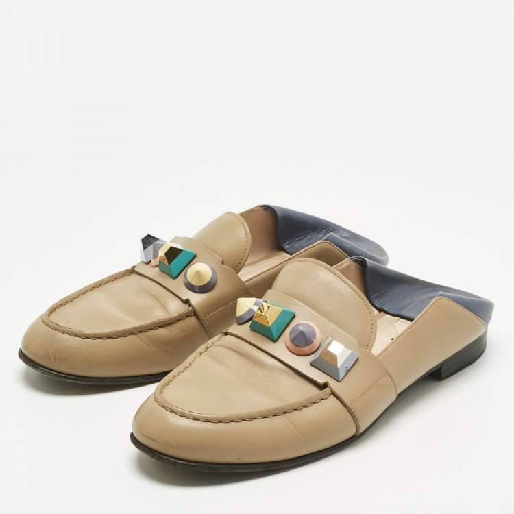 Pre Owned Fendi Brown/Blue Leather Studded Loafer Mules Size 40