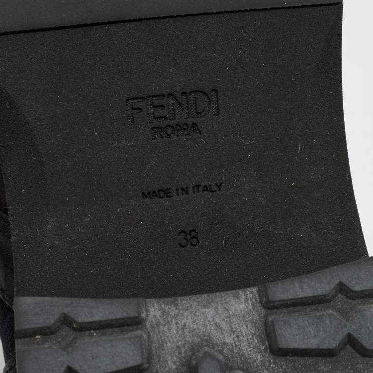 Pre Owned Fendi Black Leather and Zucca Stretch Fabric Rockoko Combat Boots Size 38