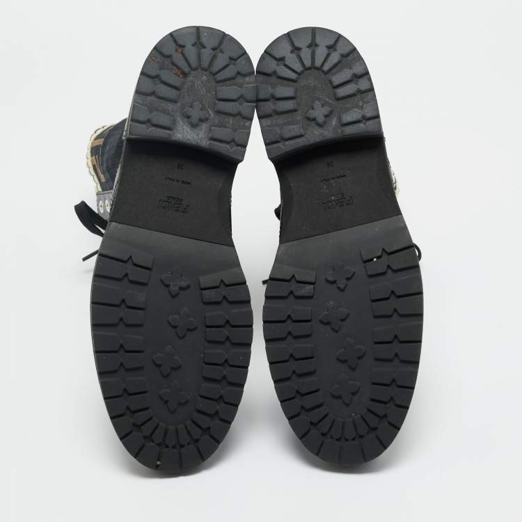 Pre Owned Fendi Black Leather and Zucca Stretch Fabric Rockoko Combat Boots Size 38