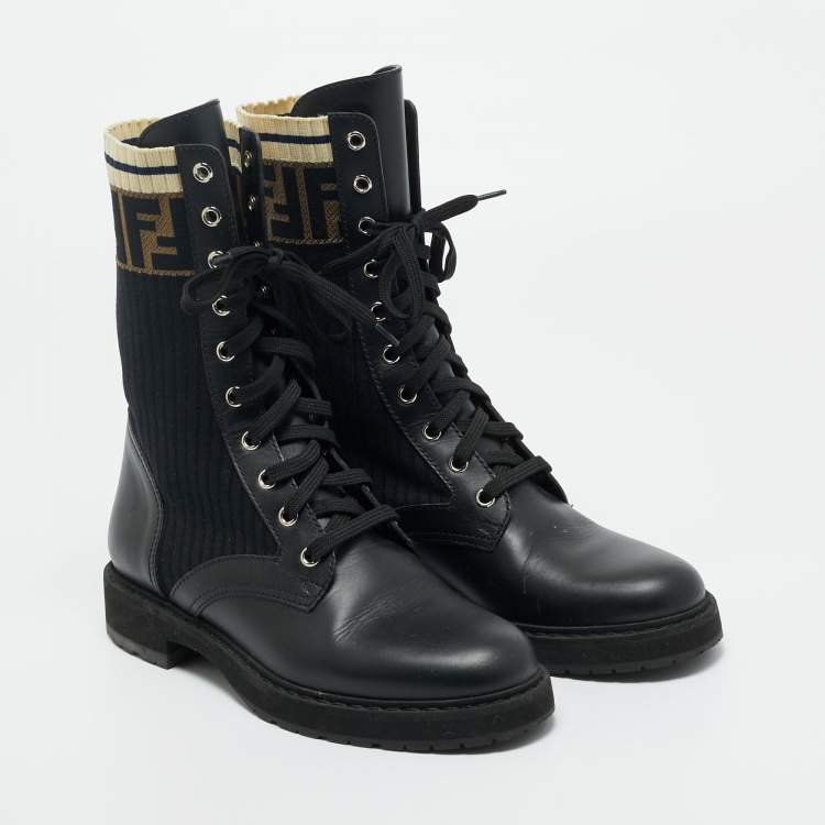 Pre Owned Fendi Black Leather and Zucca Stretch Fabric Rockoko Combat Boots Size 38
