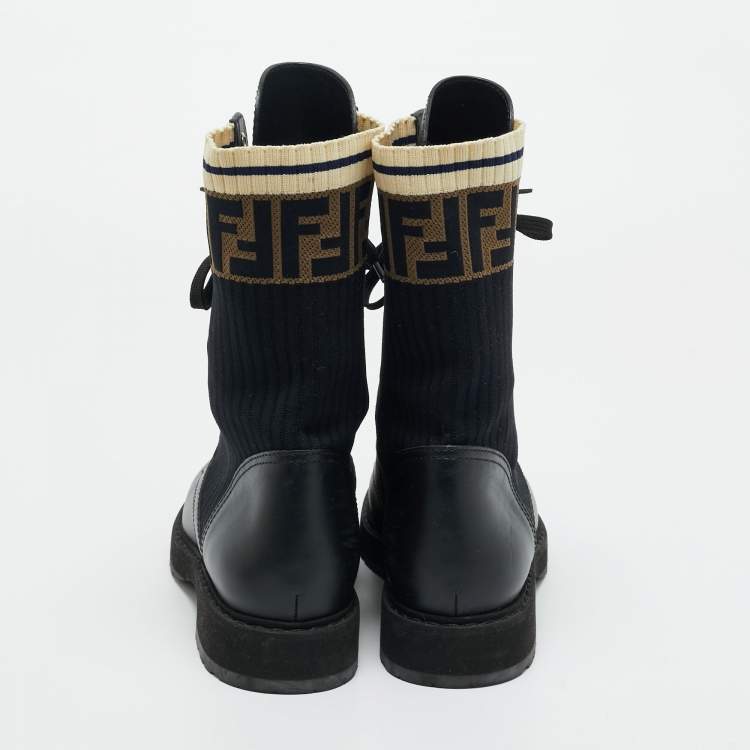Pre Owned Fendi Black Leather and Zucca Stretch Fabric Rockoko Combat Boots Size 38