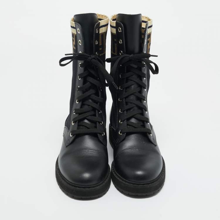 Pre Owned Fendi Black Leather and Zucca Stretch Fabric Rockoko Combat Boots Size 38