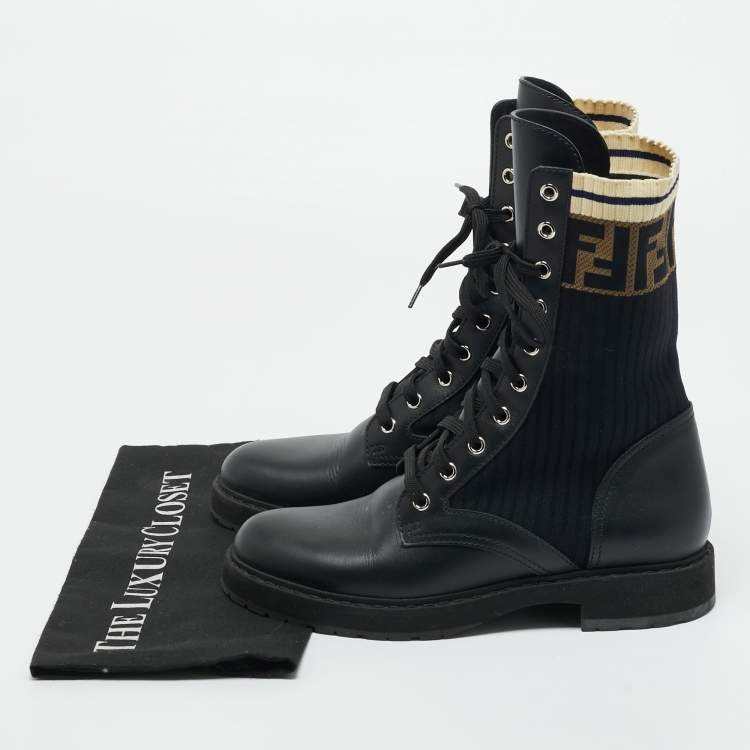 Pre Owned Fendi Black Leather and Zucca Stretch Fabric Rockoko Combat Boots Size 38
