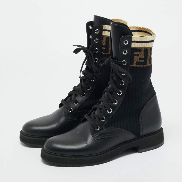 Pre Owned Fendi Black Leather and Zucca Stretch Fabric Rockoko Combat Boots Size 38