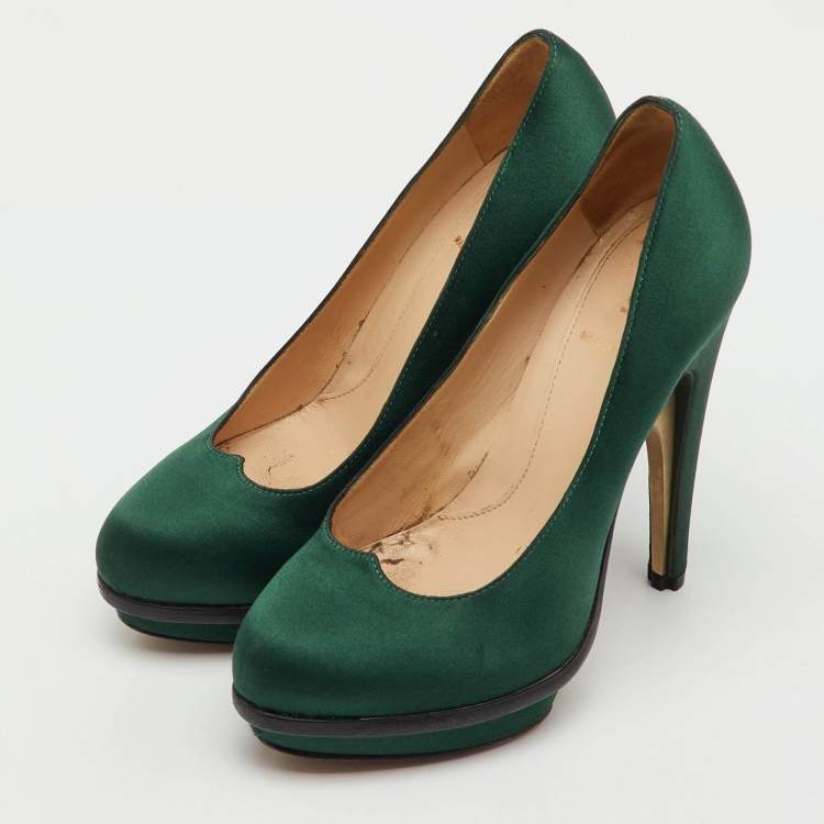 Pre Owned Fendi Dark Green Satin Bridge Heel Platform Pumps Size 35