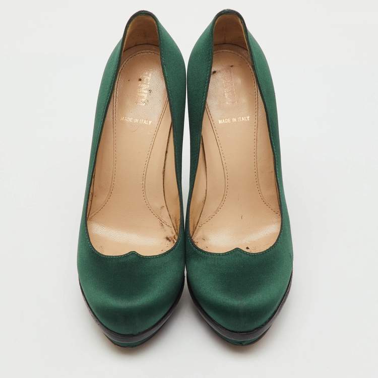 Pre Owned Fendi Dark Green Satin Bridge Heel Platform Pumps Size 35