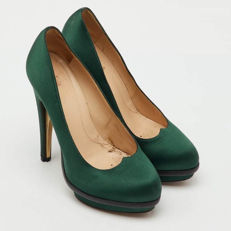 Pre Owned Fendi Dark Green Satin Bridge Heel Platform Pumps Size 35