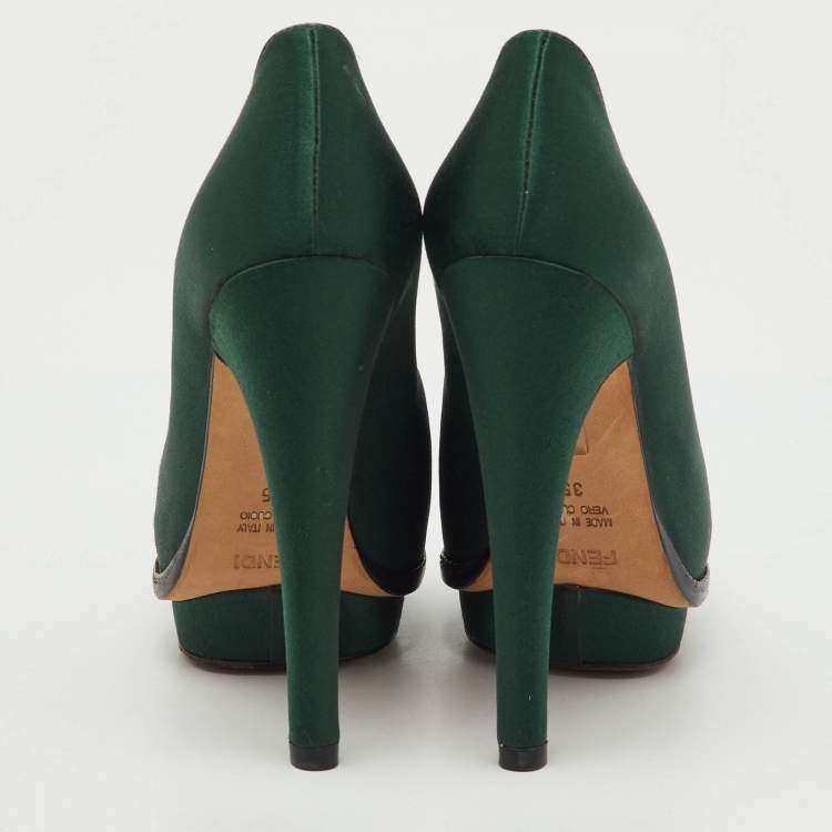 Pre Owned Fendi Dark Green Satin Bridge Heel Platform Pumps Size 35