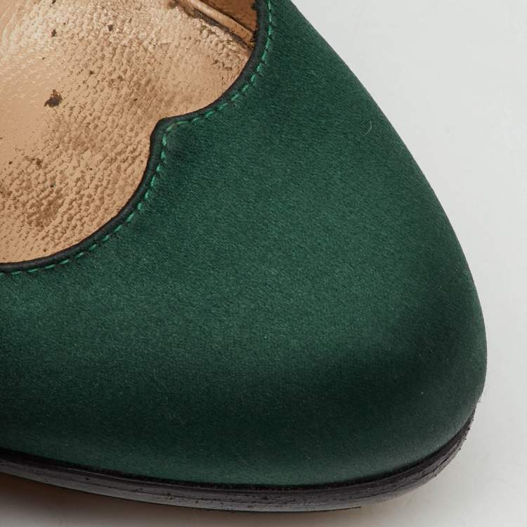 Pre Owned Fendi Dark Green Satin Bridge Heel Platform Pumps Size 35