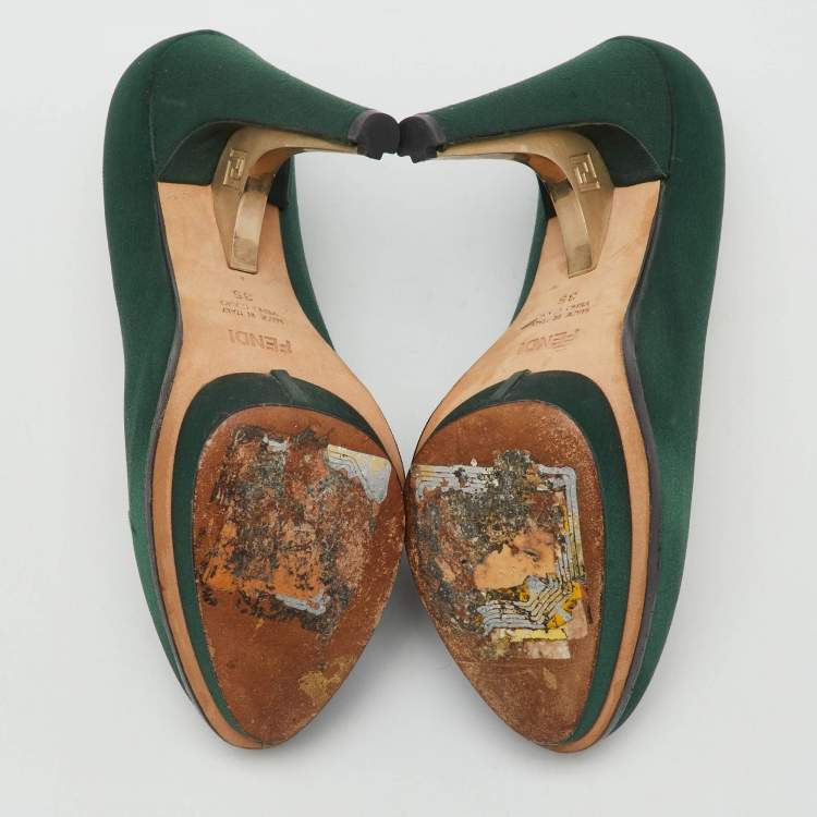 Pre Owned Fendi Dark Green Satin Bridge Heel Platform Pumps Size 35