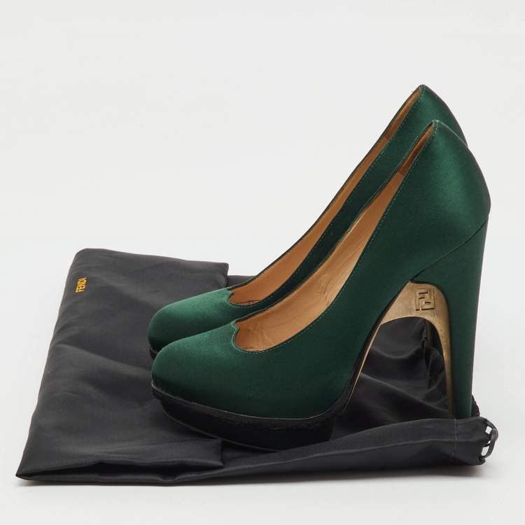 Pre Owned Fendi Dark Green Satin Bridge Heel Platform Pumps Size 35