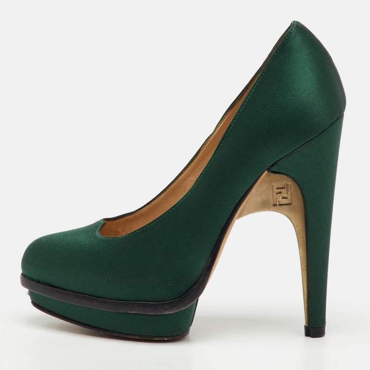 Pre Owned Fendi Dark Green Satin Bridge Heel Platform Pumps Size 35