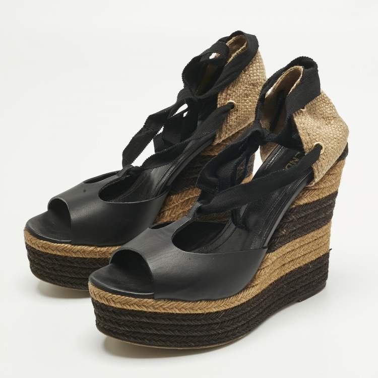 Pre Owned Fendi Black Leather and Straw Ankle Tie Wedge Espadrille Sandals Size 38.5