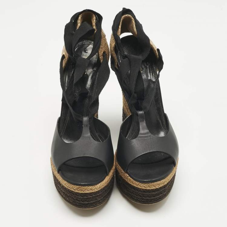 Pre Owned Fendi Black Leather and Straw Ankle Tie Wedge Espadrille Sandals Size 38.5