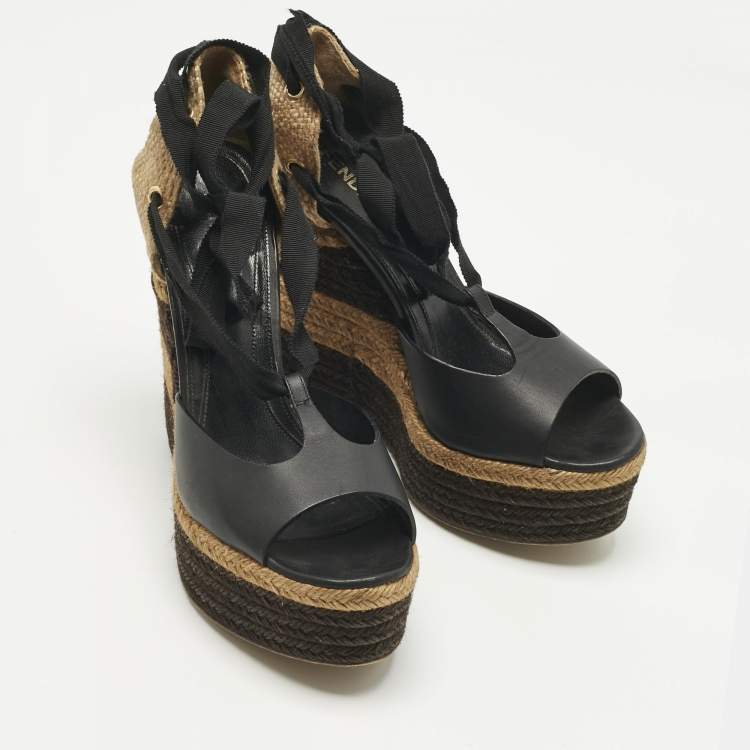 Pre Owned Fendi Black Leather and Straw Ankle Tie Wedge Espadrille Sandals Size 38.5