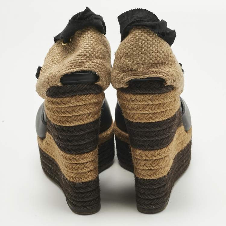 Pre Owned Fendi Black Leather and Straw Ankle Tie Wedge Espadrille Sandals Size 38.5