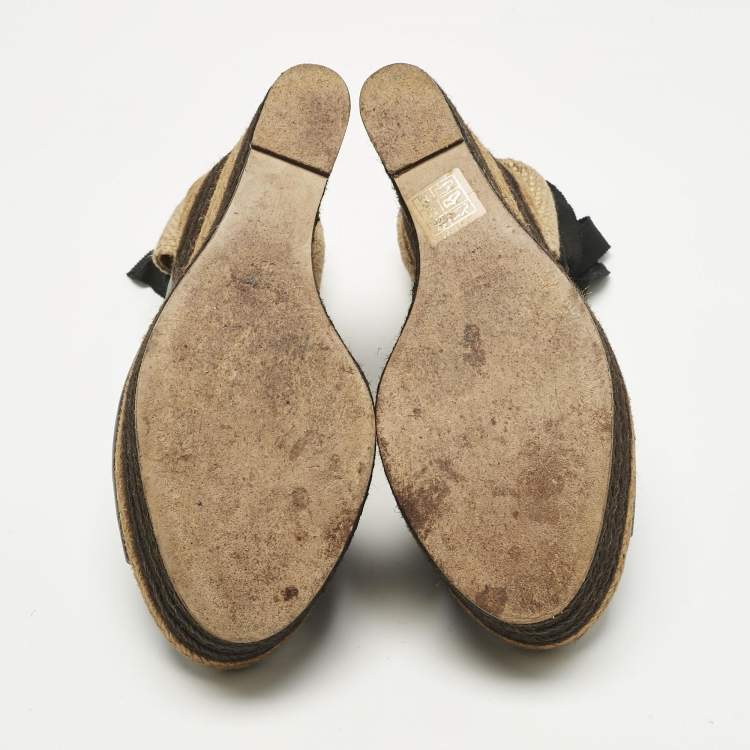 Pre Owned Fendi Black Leather and Straw Ankle Tie Wedge Espadrille Sandals Size 38.5